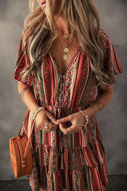 Bohemian Floral Print Buttoned V Neck Ruffle Tiered Dress - Roe Creation
