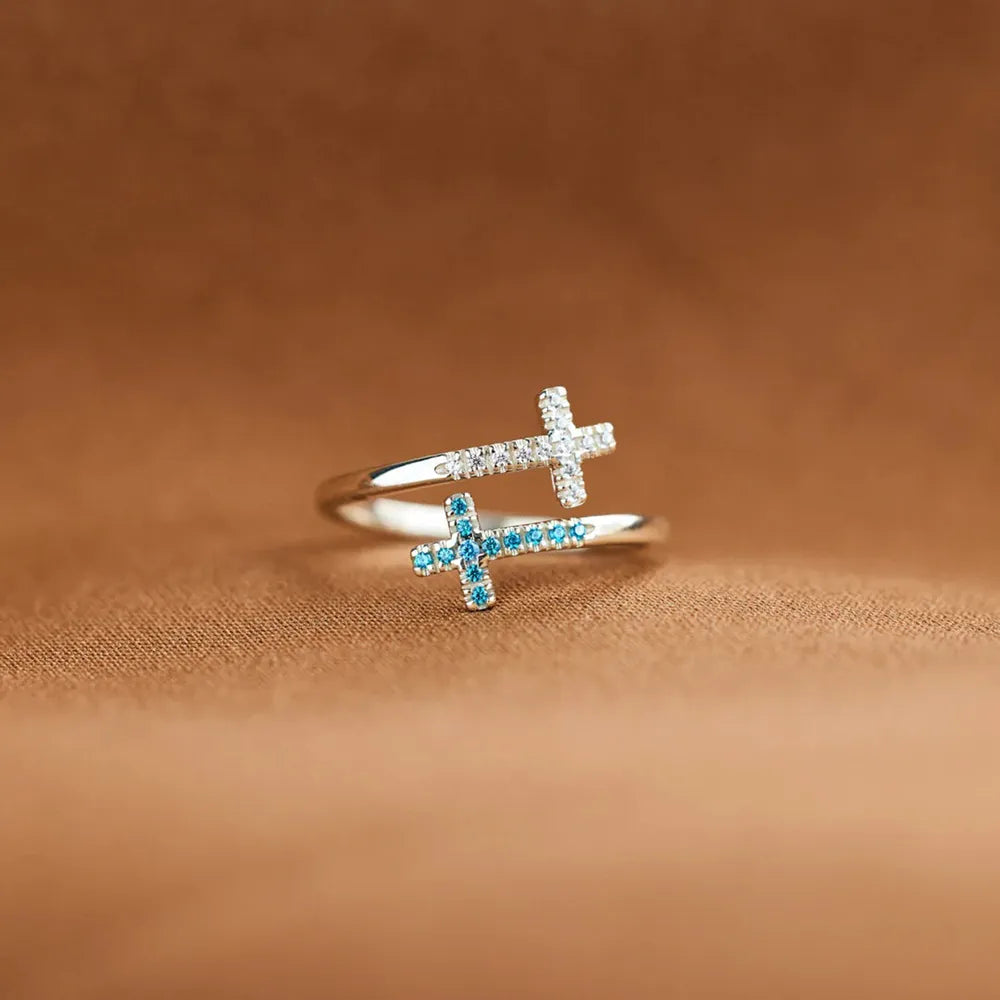 Zircon 925 Sterling Silver Double Cross Bypass Ring - Roe Creation