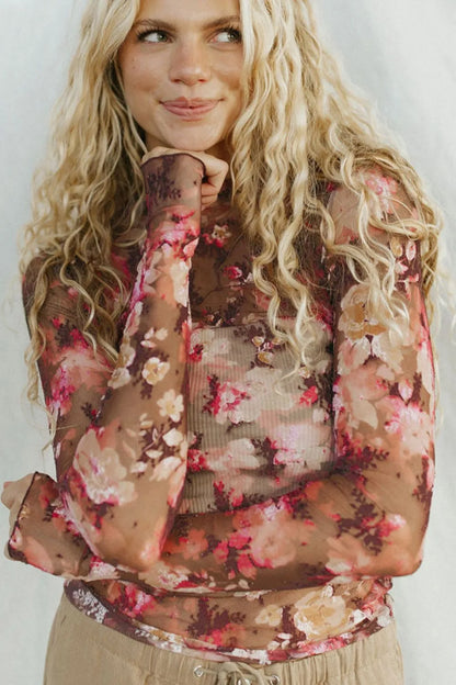Floral Mock Neck Long Sleeve Sheer Top - Roe Creation