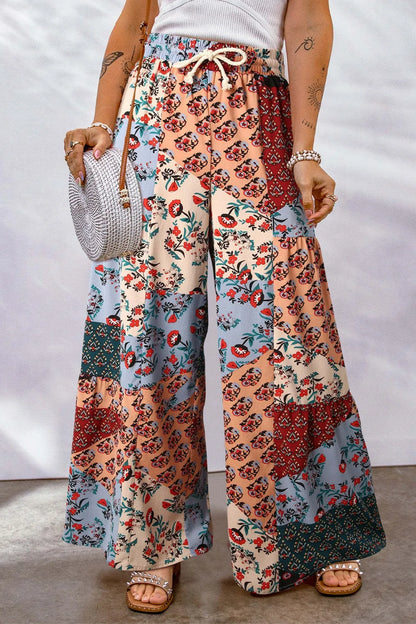 Full Size Drawstring Printed Wide Leg Pants - Roe Creation