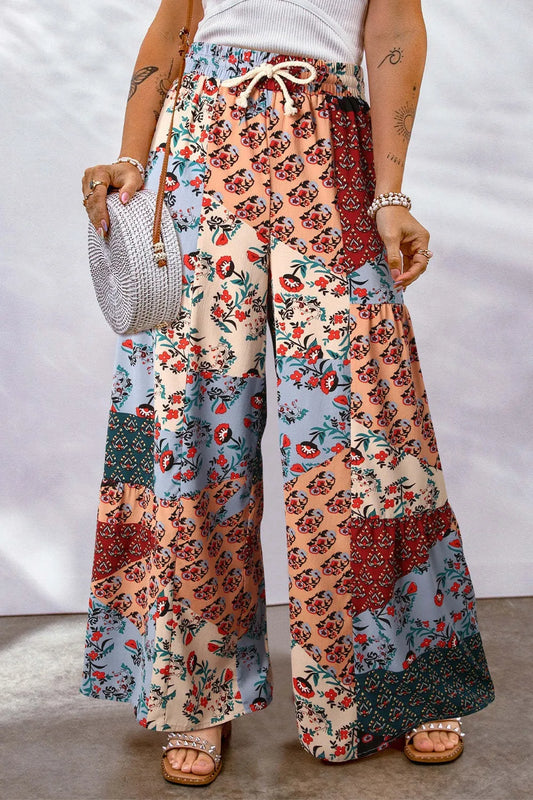 Full Size Drawstring Printed Wide Leg Pants - Roe Creation