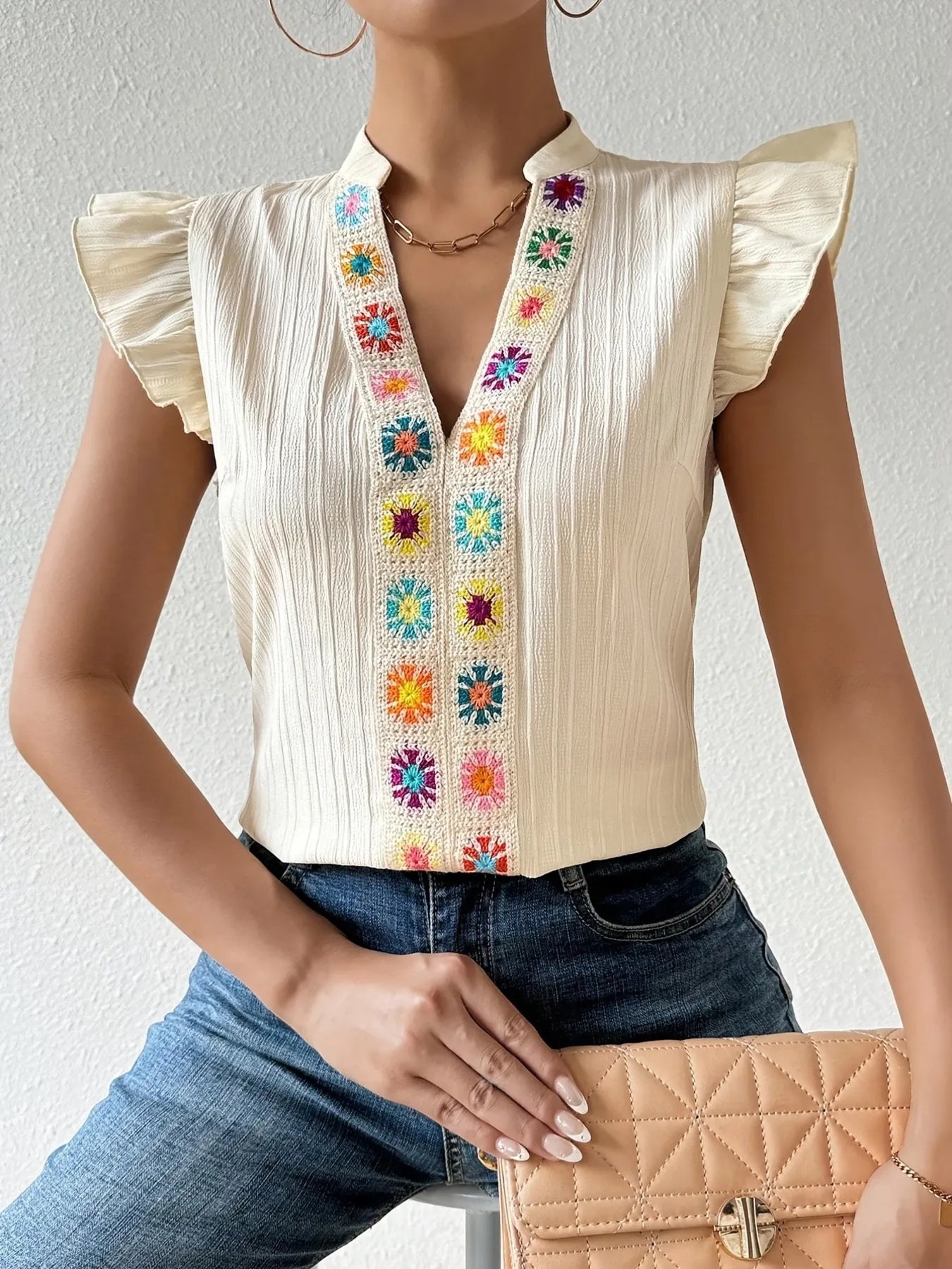 Embroidered Notch Neck Blouse with Cap Sleeves - Roe Creation