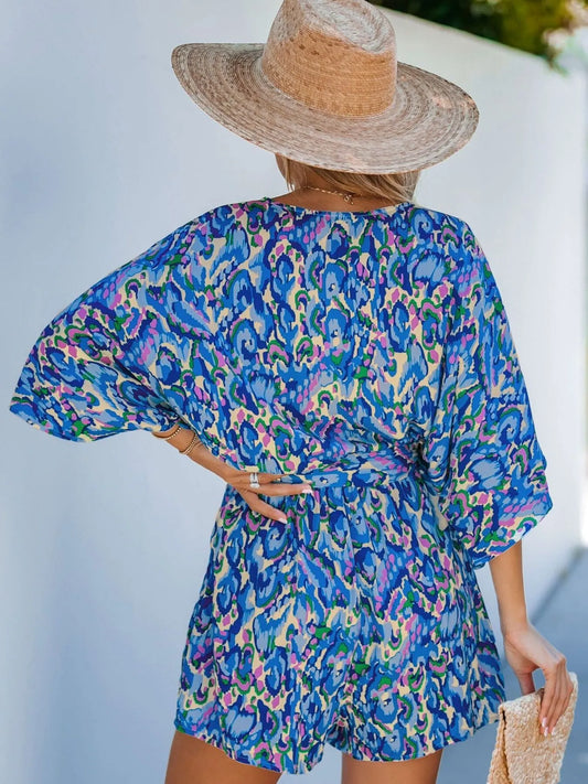 Bohemian Floral Print V-Neck Batwing Sleeve Romper - Roe Creation