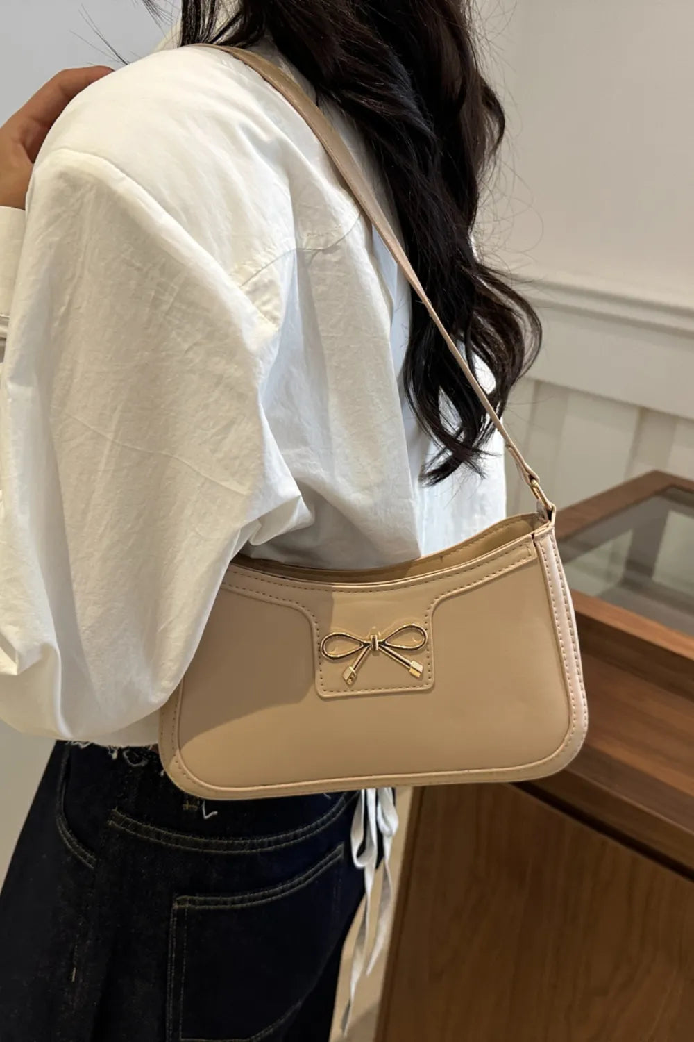 Bow Trim PU Leather Shoulder Bag - Roe Creation