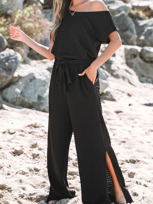 One Shoulder Short Sleeve Knotted Waist Jumpsuit - Roe Creation