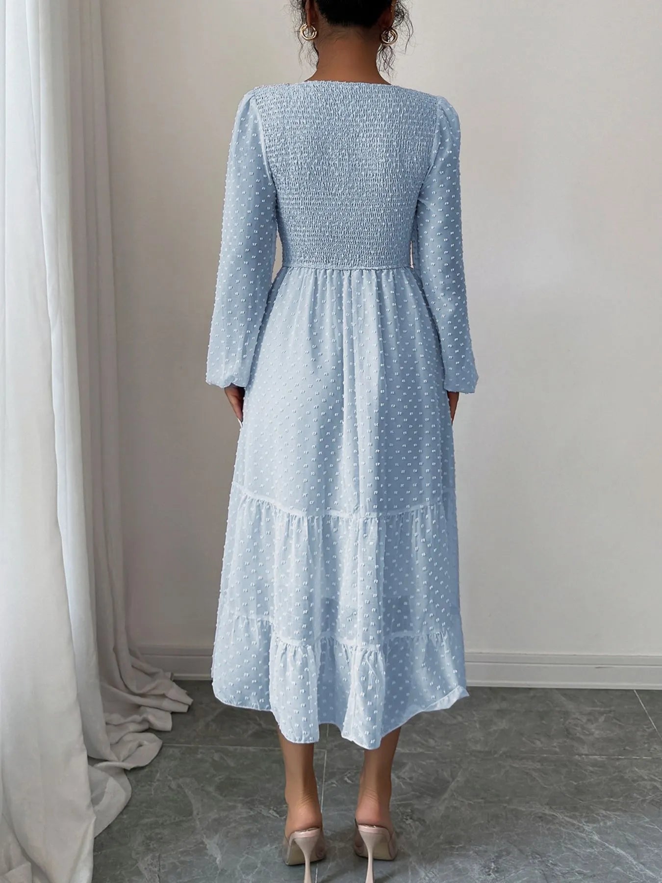 Polka Dot Long Sleeve Tiered Midi Dress - Roe Creation