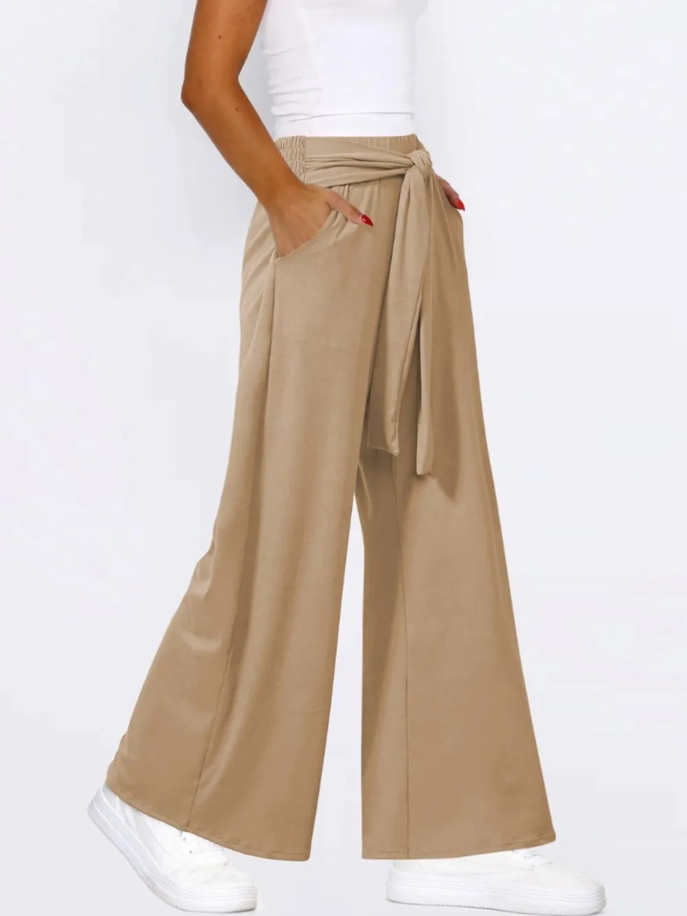 Tied Wide Leg Pants with Pockets - Roe Creation