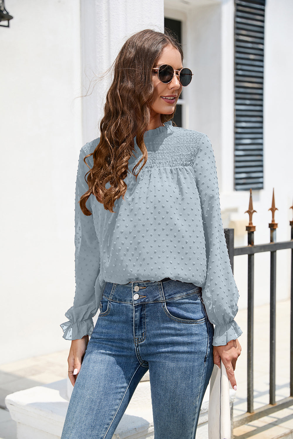 Smocked Swiss Dot Mock Neck Top – Elegant Sheer Blouse for Women - Roe Creation