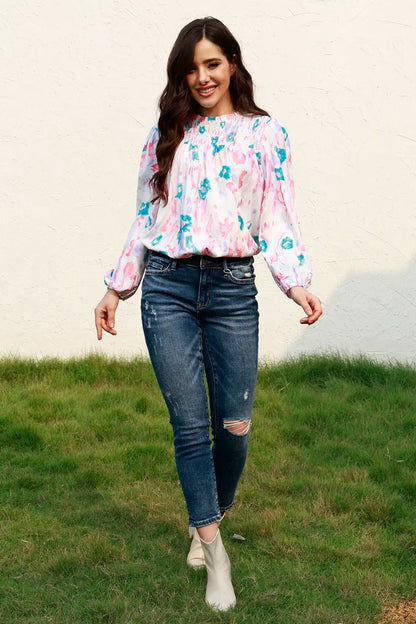 Floral Smocked Round Neck Blouse with Balloon Sleeves - Roe Creation