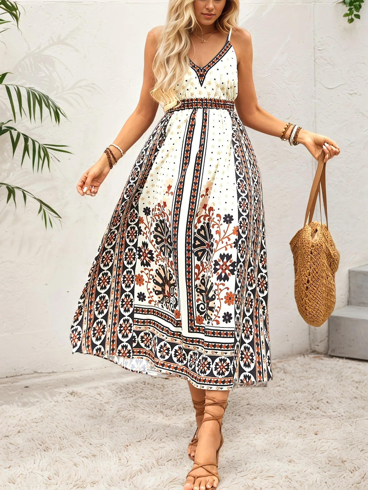 Printed V-Neck Midi Cami Dress - Roe Creation