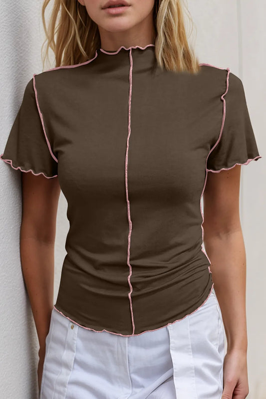 Basic Bae Contrast Trim Mock Neck Short Sleeve T-Shirt - Roe Creation