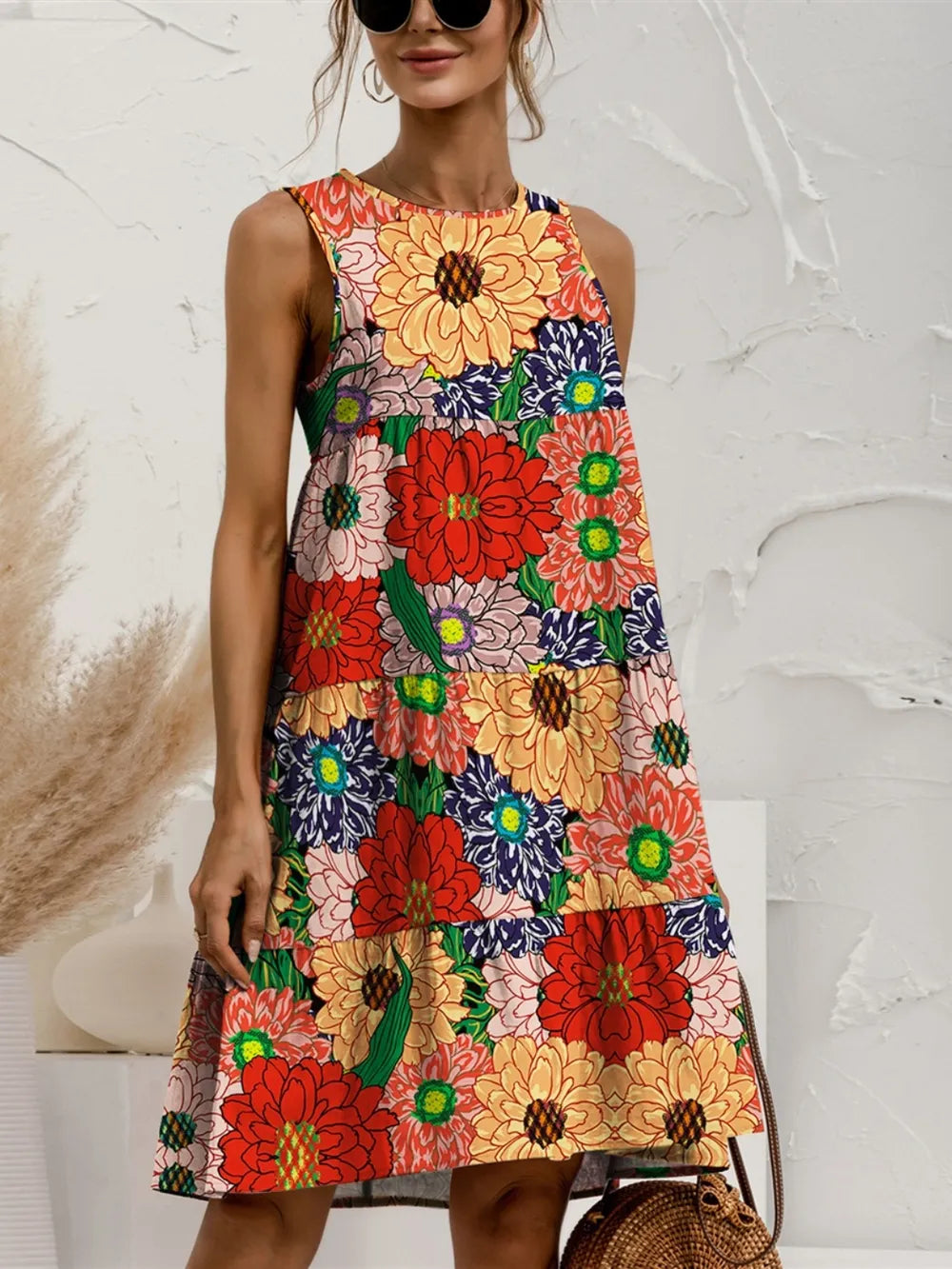 FAM-FAM Tiered Sleeveless Dress – Printed Round Neck Summer Style - Roe Creation