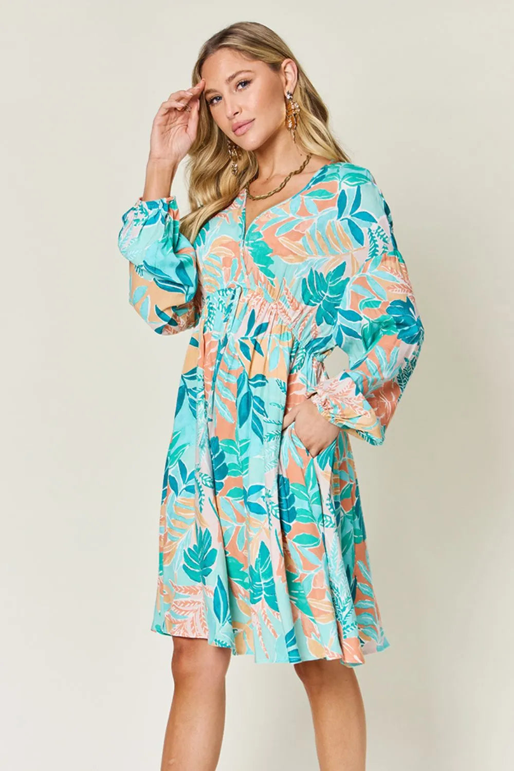 Double Take Full Size Printed V-Neck Drawstring Dress - Roe Creation