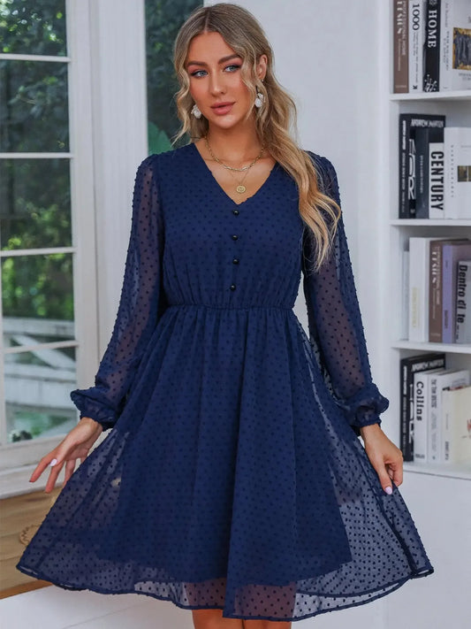 Swiss Dot V-Neck Balloon Sleeve Dress - Roe Creation