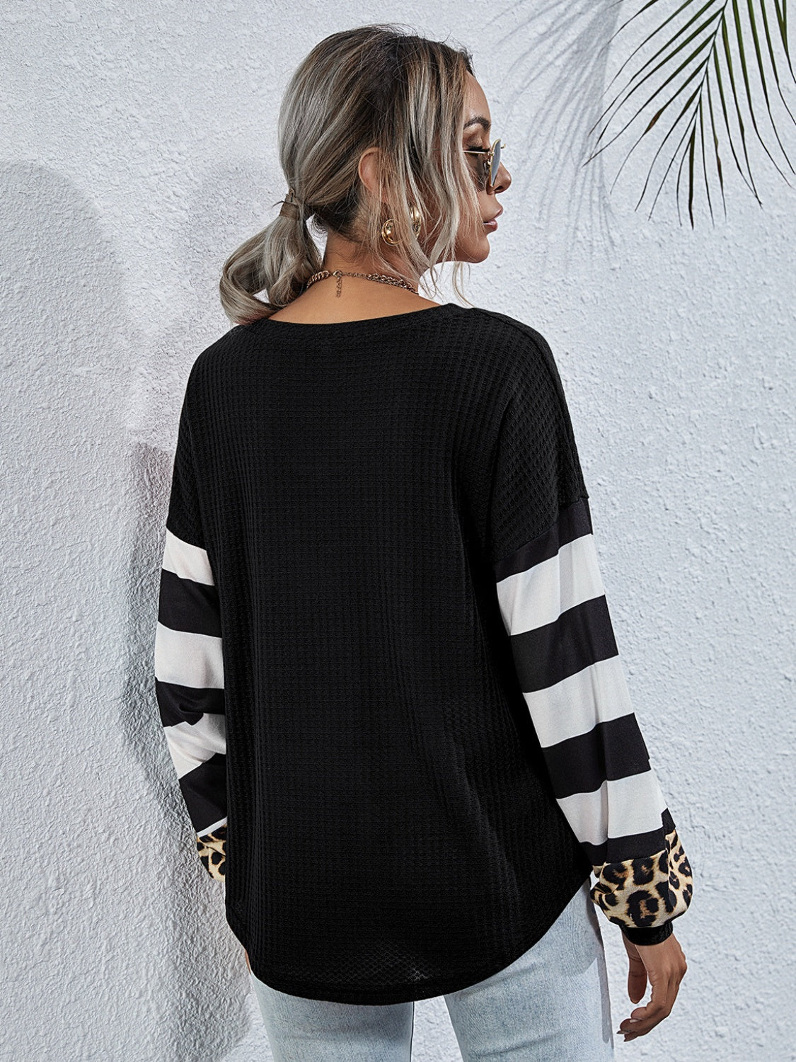 Women’s Leopard Striped Waffle-Knit Top – Stylish Casual Wear - Roe Creation
