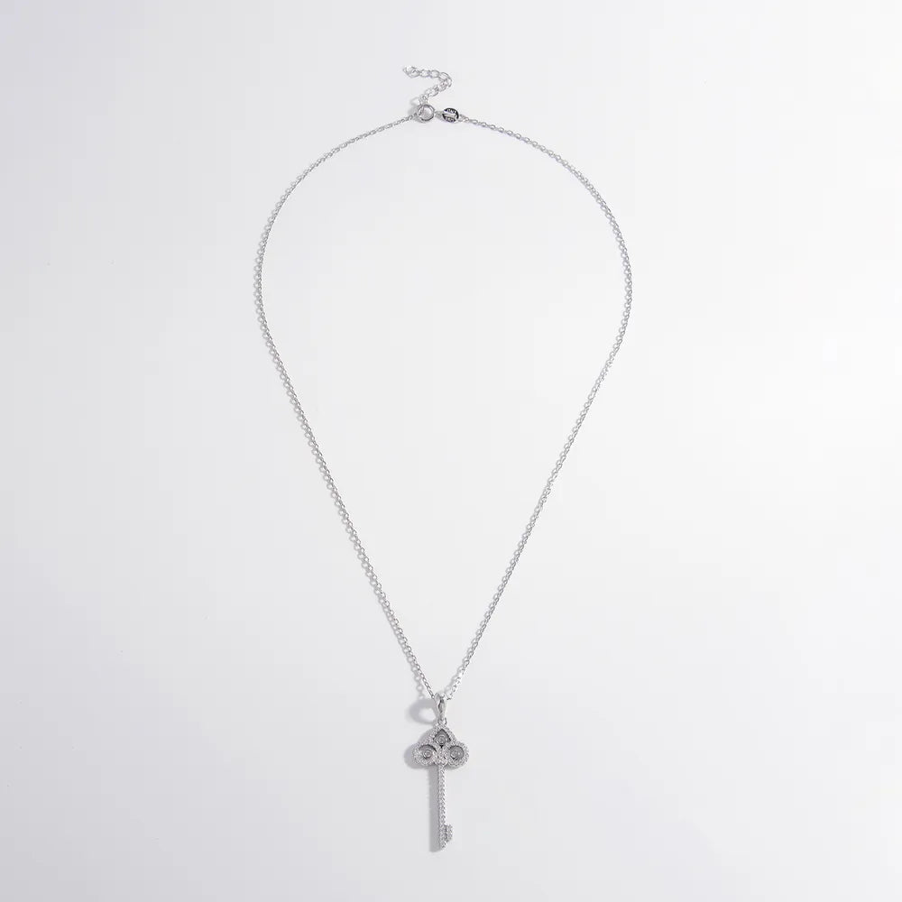 925 Sterling Silver Inlaid Zircon Key Shape Necklace - Roe Creation