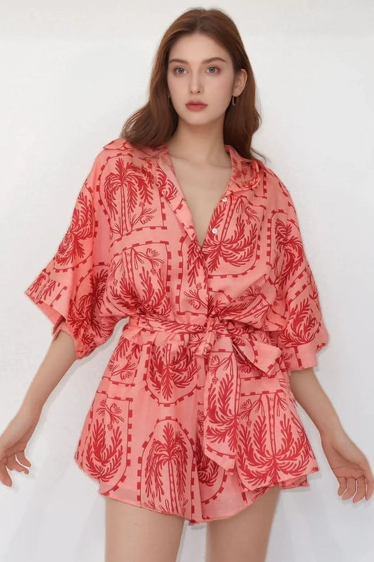 Printed Tie Waist Romper - Roe Creation