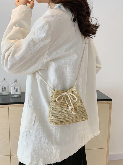Straw Braided Bucket Bag with Drawstring Closure - Roe Creation