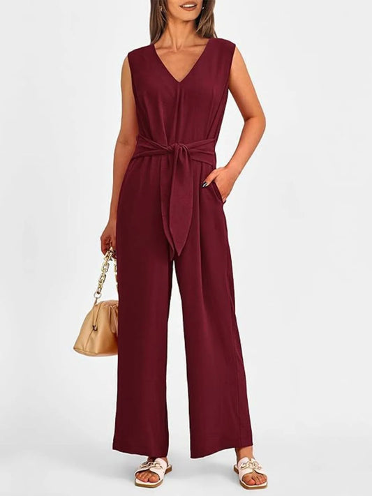 V-Neck Sleeveless Wide-Leg Jumpsuit with Waist Tie - Roe Creation