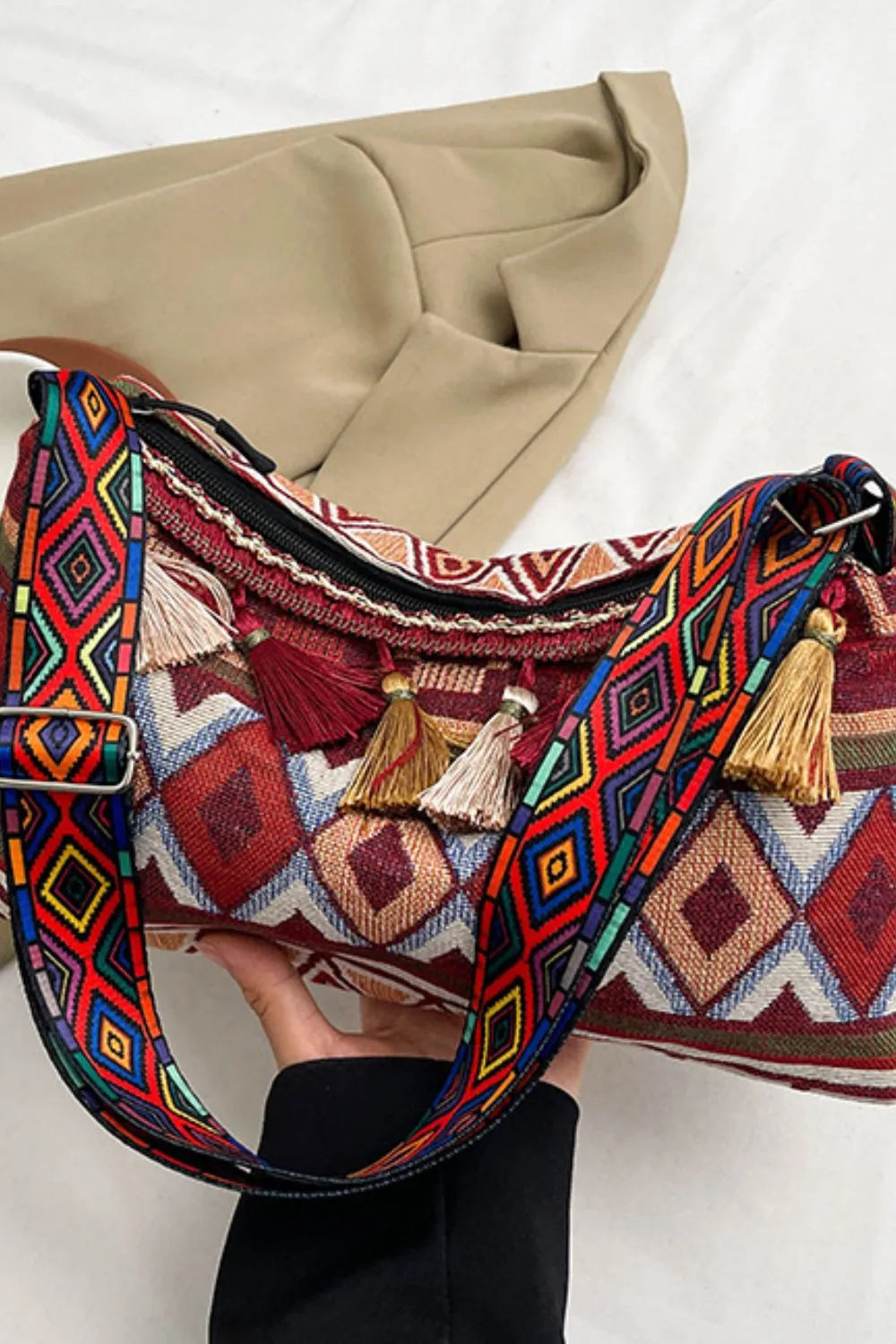 Retro Patterned Shoulder Bag with Tassel and Adjustable Strap - Roe Creation