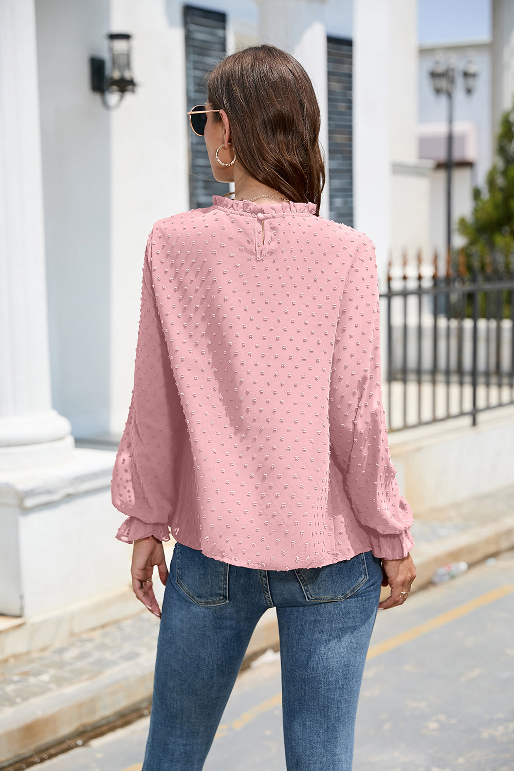 Smocked Swiss Dot Mock Neck Top – Elegant Sheer Blouse for Women - Roe Creation