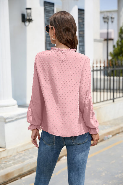 Smocked Swiss Dot Mock Neck Top – Elegant Sheer Blouse for Women - Roe Creation