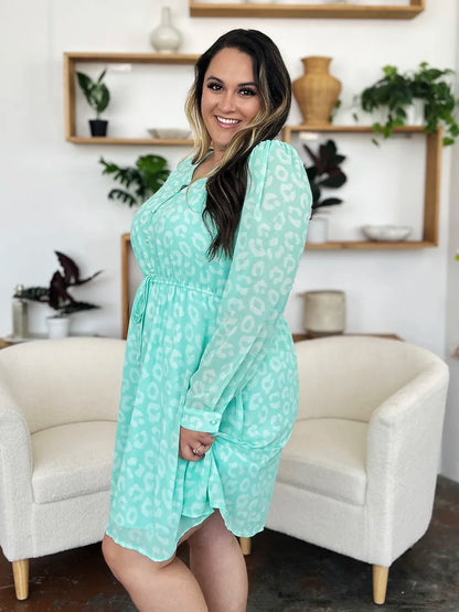 Double Take Full Size Printed Ruched V-Neck Long Sleeve Dress - Roe Creation