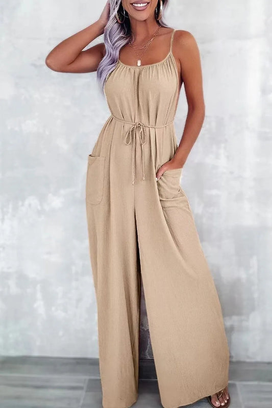 Casual Spaghetti Strap Wide Leg Jumpsuit with Pockets - Roe Creation