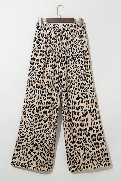 Parchment Leopard Drawstring Flowy Wide Leg Pants - Roe Creation