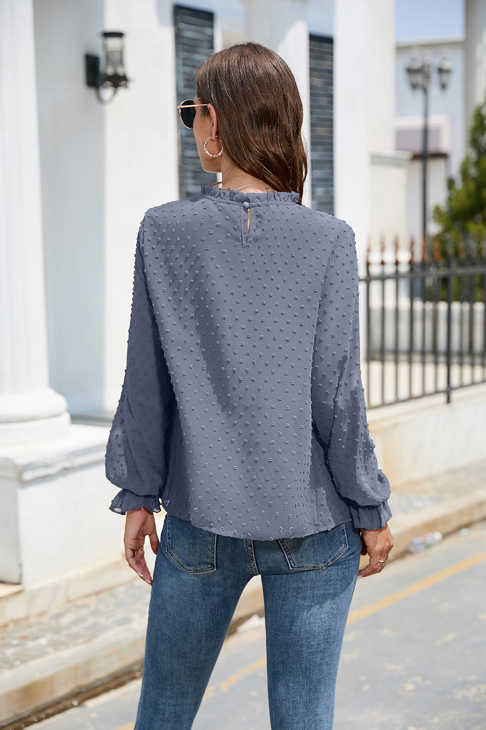Smocked Swiss Dot Mock Neck Top – Elegant Sheer Blouse for Women - Roe Creation