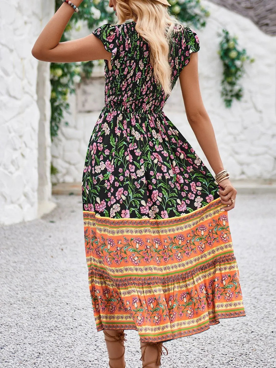 Printed Round Neck Cap Sleeve Dress - Roe Creation
