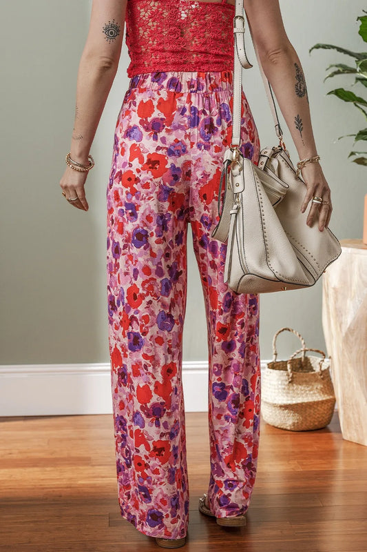 Floral Wide Leg Elastic High Waist Pants - Roe Creation