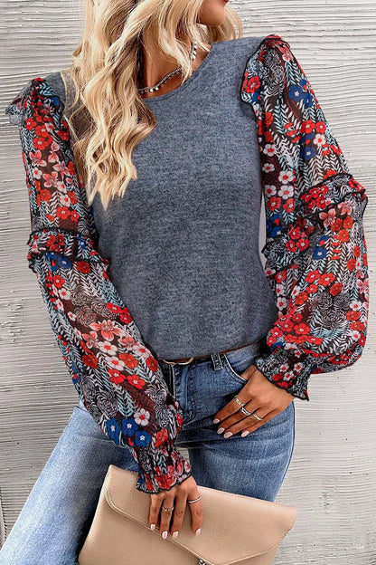 Heathered Floral Frill Lantern Sleeve Blouse - Roe Creation