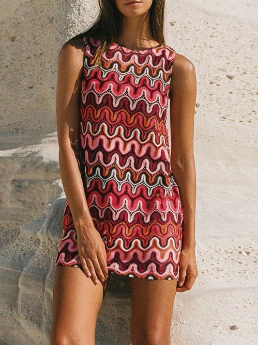 Printed Round Neck Sleeveless Dress - Roe Creation