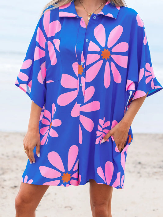 Summer Flower Print Shirt Collar Button Front Loose Romper - Roe Creation