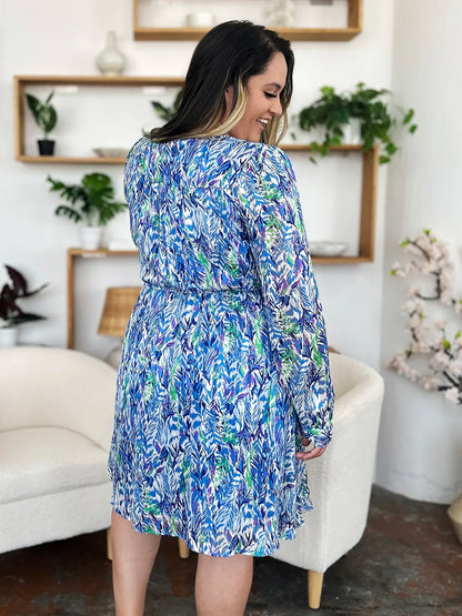 Double Take Full Size Printed Drawstring Waist Long Sleeve Dress - Roe Creation