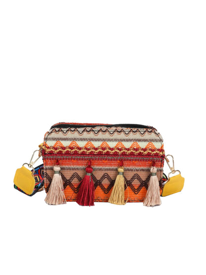 Bohemian Tassel Trim Crossbody Bag with Ethnic Pattern - Roe Creation
