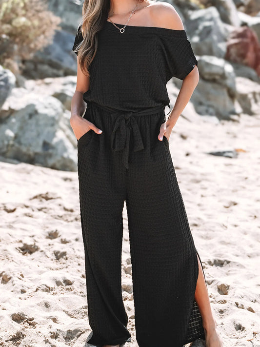 One Shoulder Short Sleeve Knotted Waist Jumpsuit - Roe Creation
