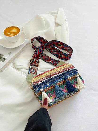 Bohemian Tassel Trim Crossbody Bag with Ethnic Pattern - Roe Creation