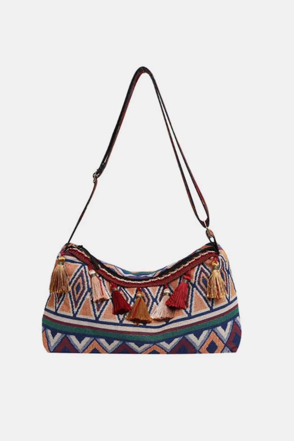 Retro Patterned Shoulder Bag with Tassel and Adjustable Strap - Roe Creation