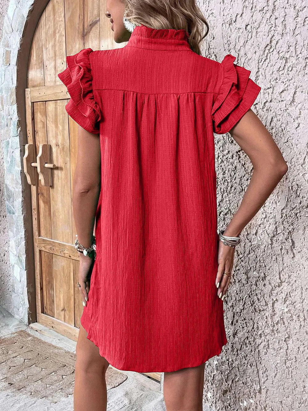 Ruffled Notched Cap Sleeve Mini Dress - Roe Creation