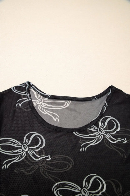 Bow Mesh Round Neck Short Sleeve T-Shirt - Roe Creation