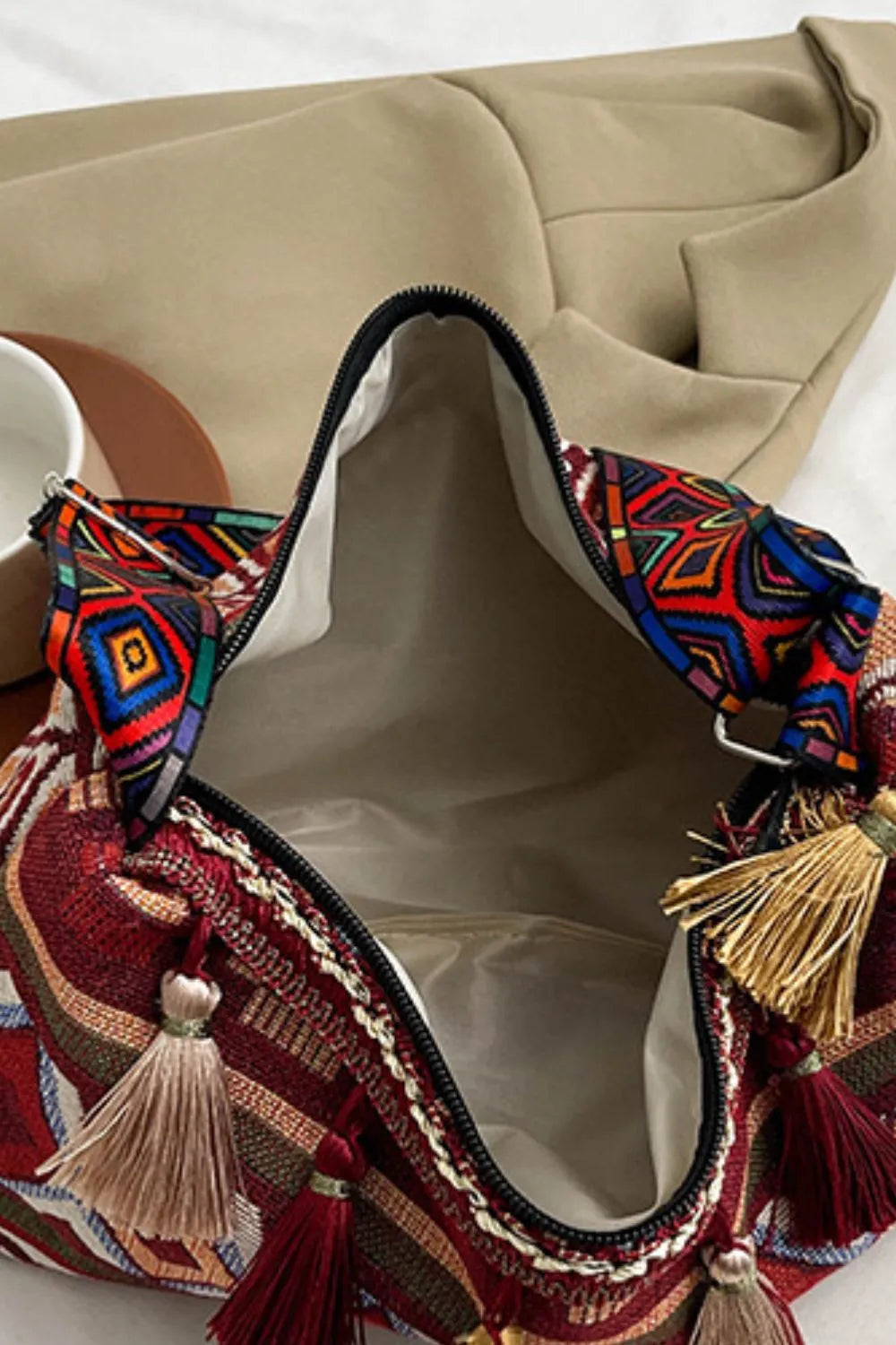 Retro Patterned Shoulder Bag with Tassel and Adjustable Strap - Roe Creation
