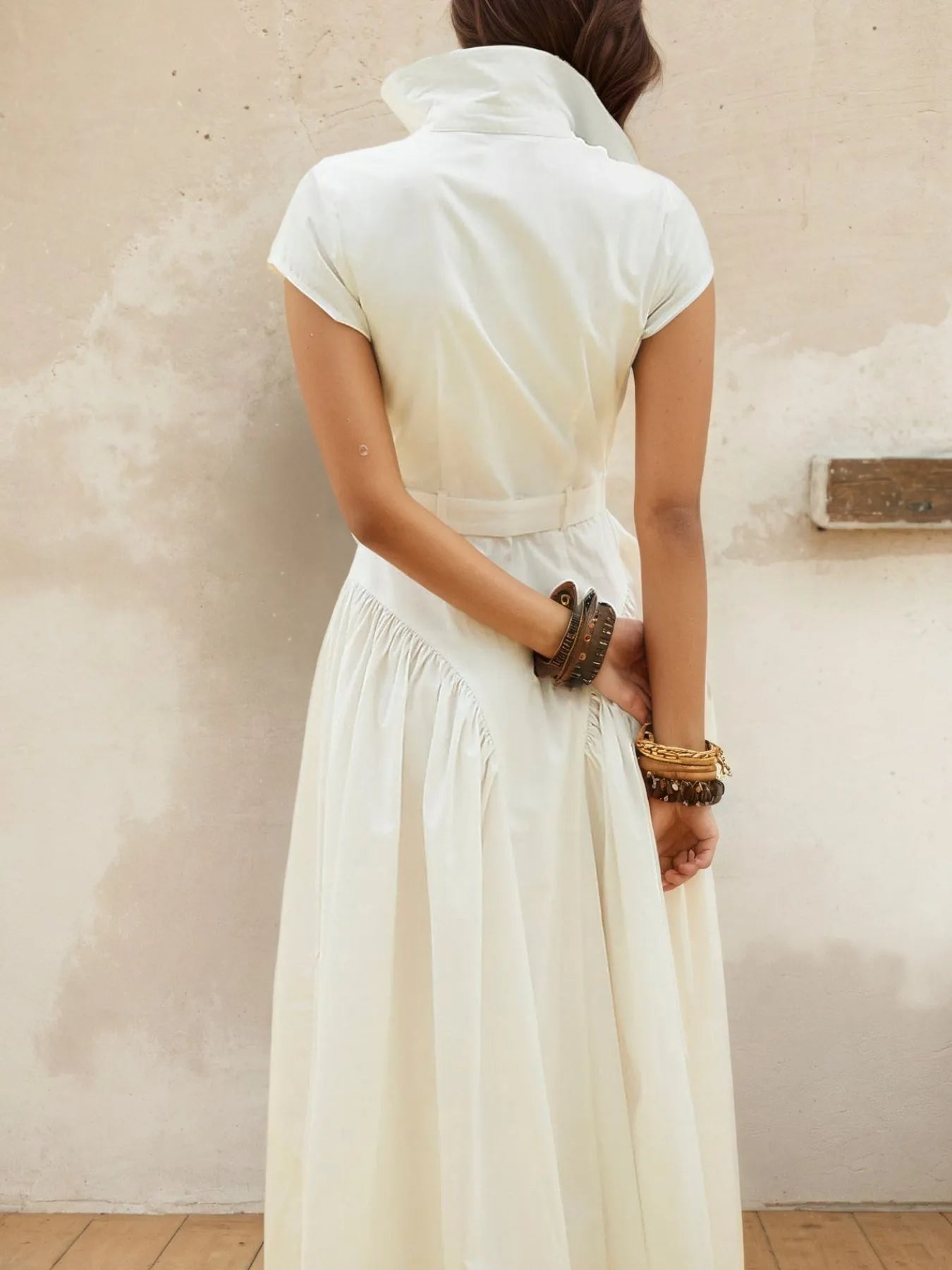 Button-Front Cap Sleeve Midi Shirt Dress - Roe Creation