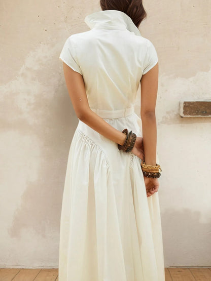 Button-Front Cap Sleeve Midi Shirt Dress - Roe Creation