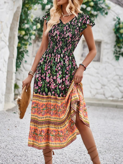 Printed Round Neck Cap Sleeve Dress - Roe Creation