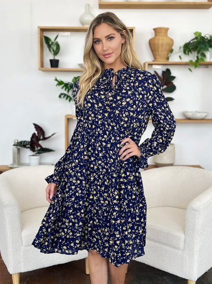 Double Take Full Size Printed Ruffle Hem Long Sleeve Tiered Dress - Roe Creation