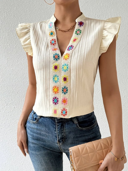 Embroidered Notch Neck Blouse with Cap Sleeves - Roe Creation