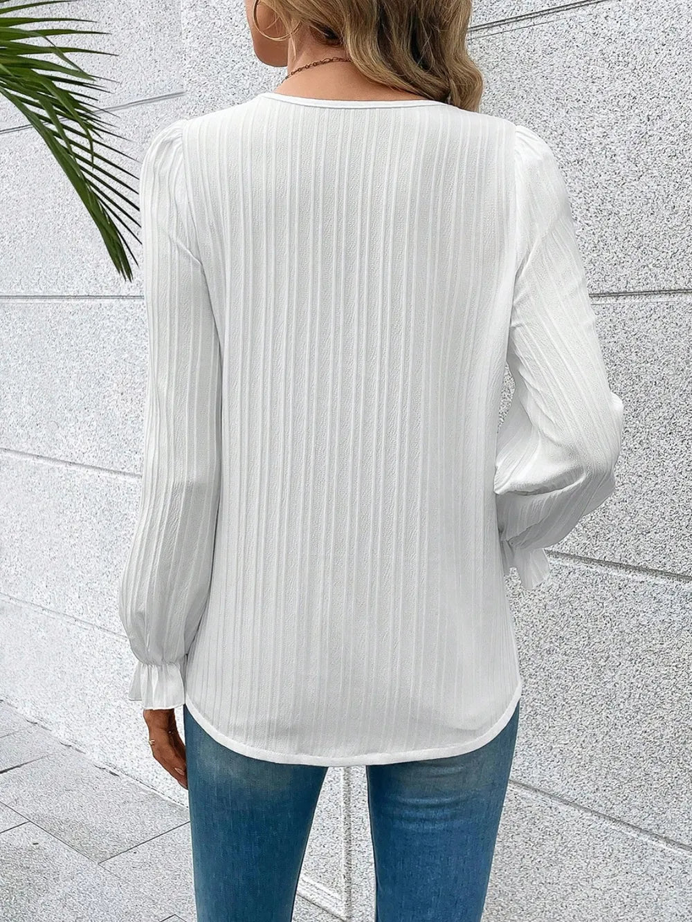 V-Neck Blouse with Lace Detail and Flounce Sleeves - Roe Creation