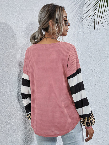 Women’s Leopard Striped Waffle-Knit Top – Stylish Casual Wear - Roe Creation